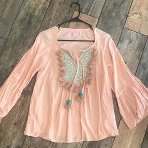 Lilly Pulitzer XS peach/teal boho tassel top